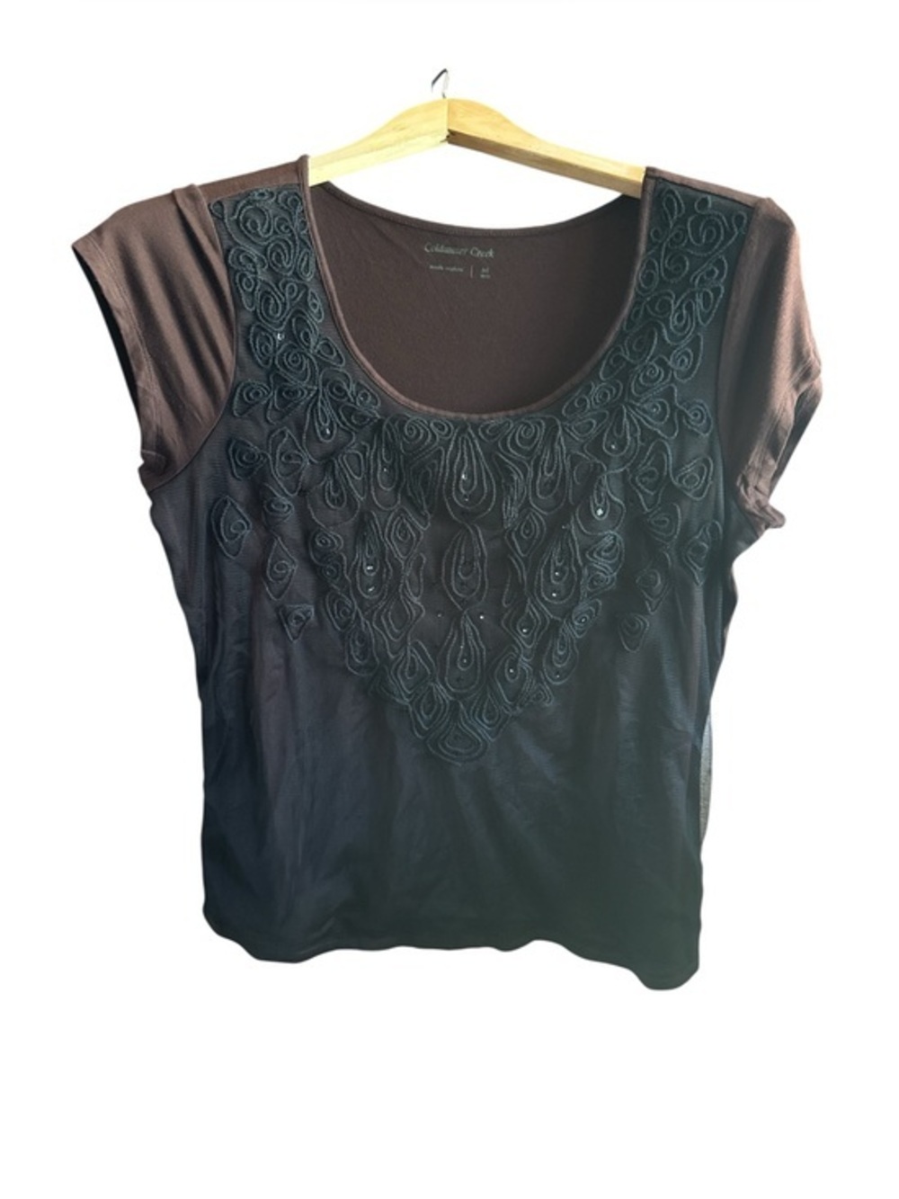 Coldwater Creek Brown Short-Sleeve Mesh Scoop Neck Top with Embroidered Yoke